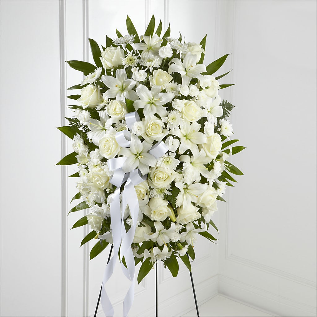 Exquisite Tribute Standing Spray-White Ribbon – PARKER'S FLORIST, Madison AL