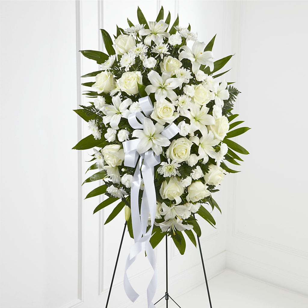 Exquisite Tribute Standing Spray-White Ribbon – PARKER'S FLORIST, Madison AL