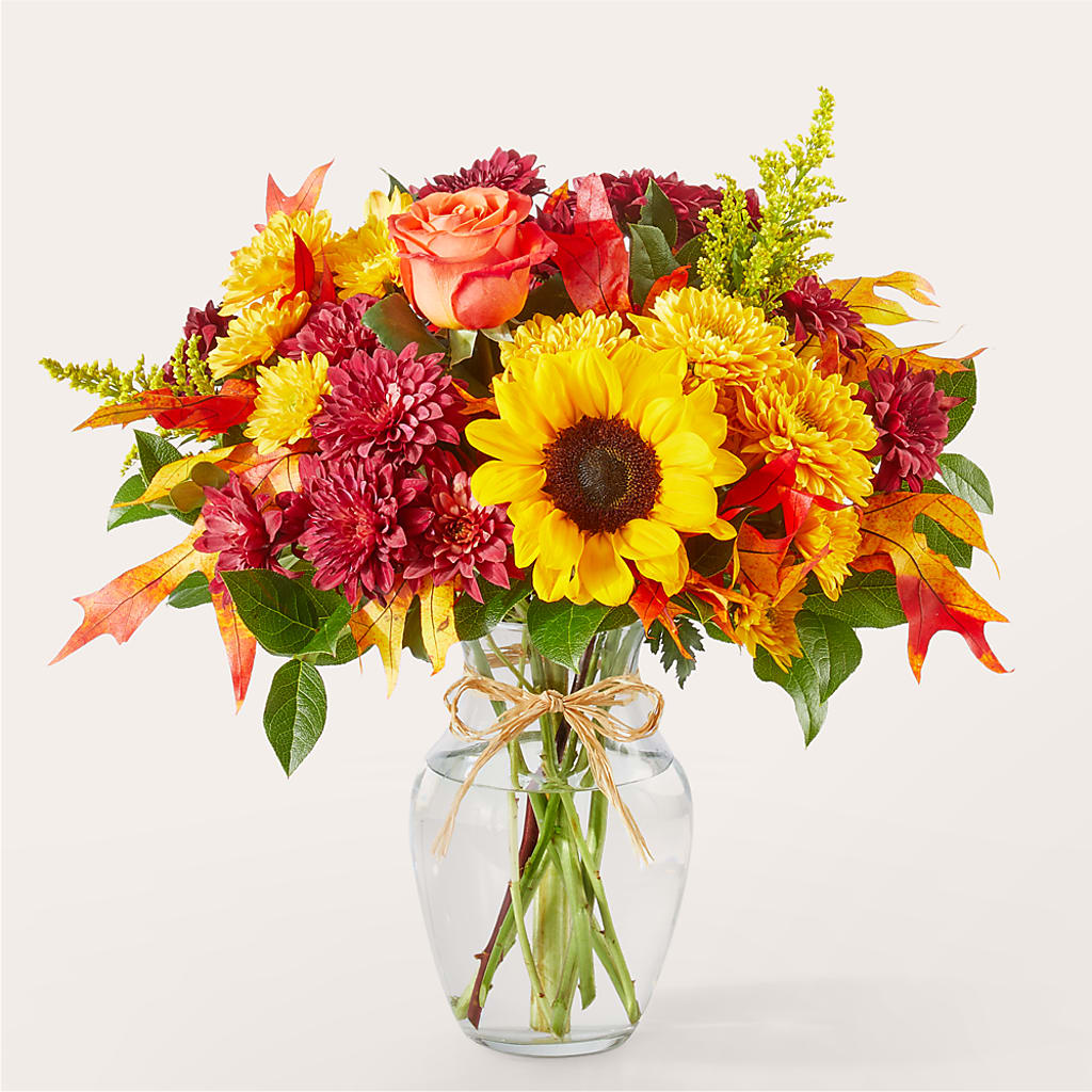 Sunny Side Bouquet – burgundy, butterscotch, orange, yellow flower