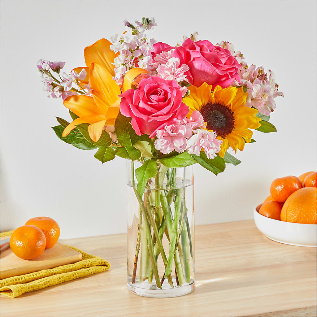 In Full Swing Bouquet – peach, pink, yellow flower arrangement
